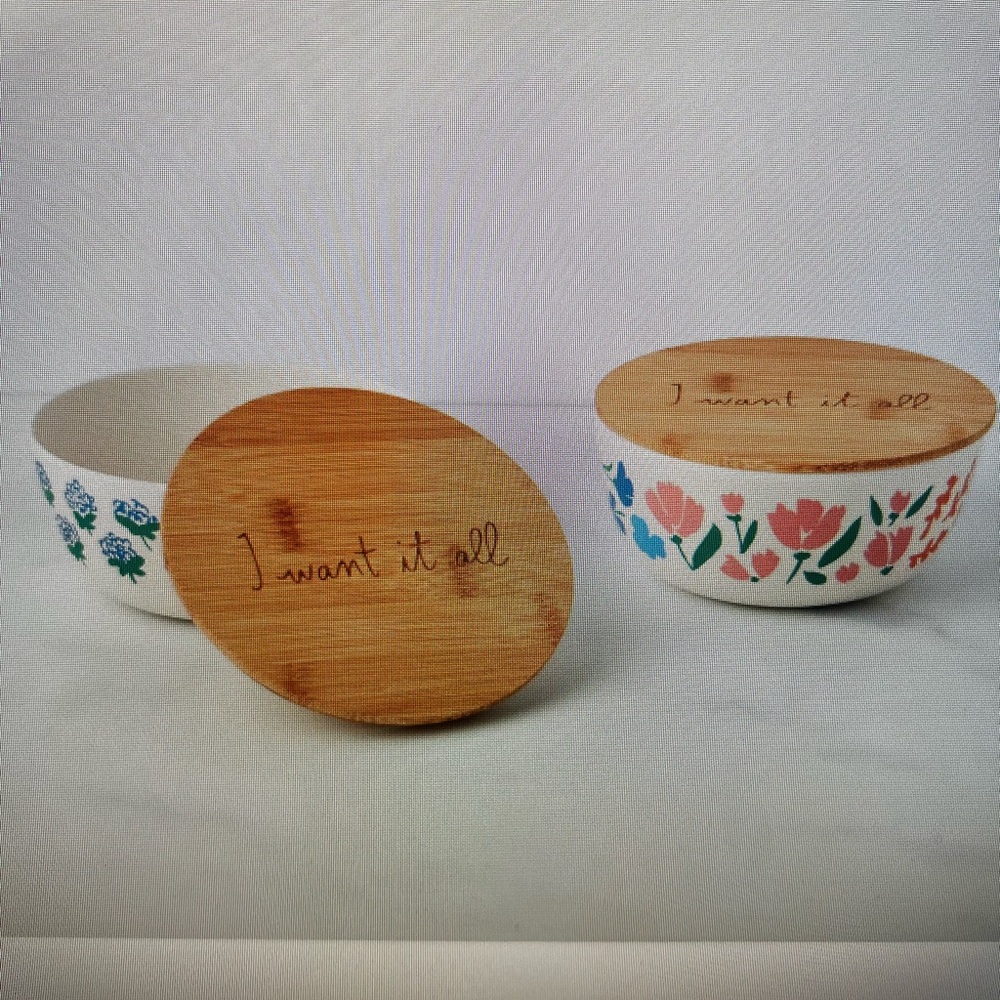 Kate Spade Floral Field Lunch Set Ceramic Bowls with Bamboo Lids New in Box
